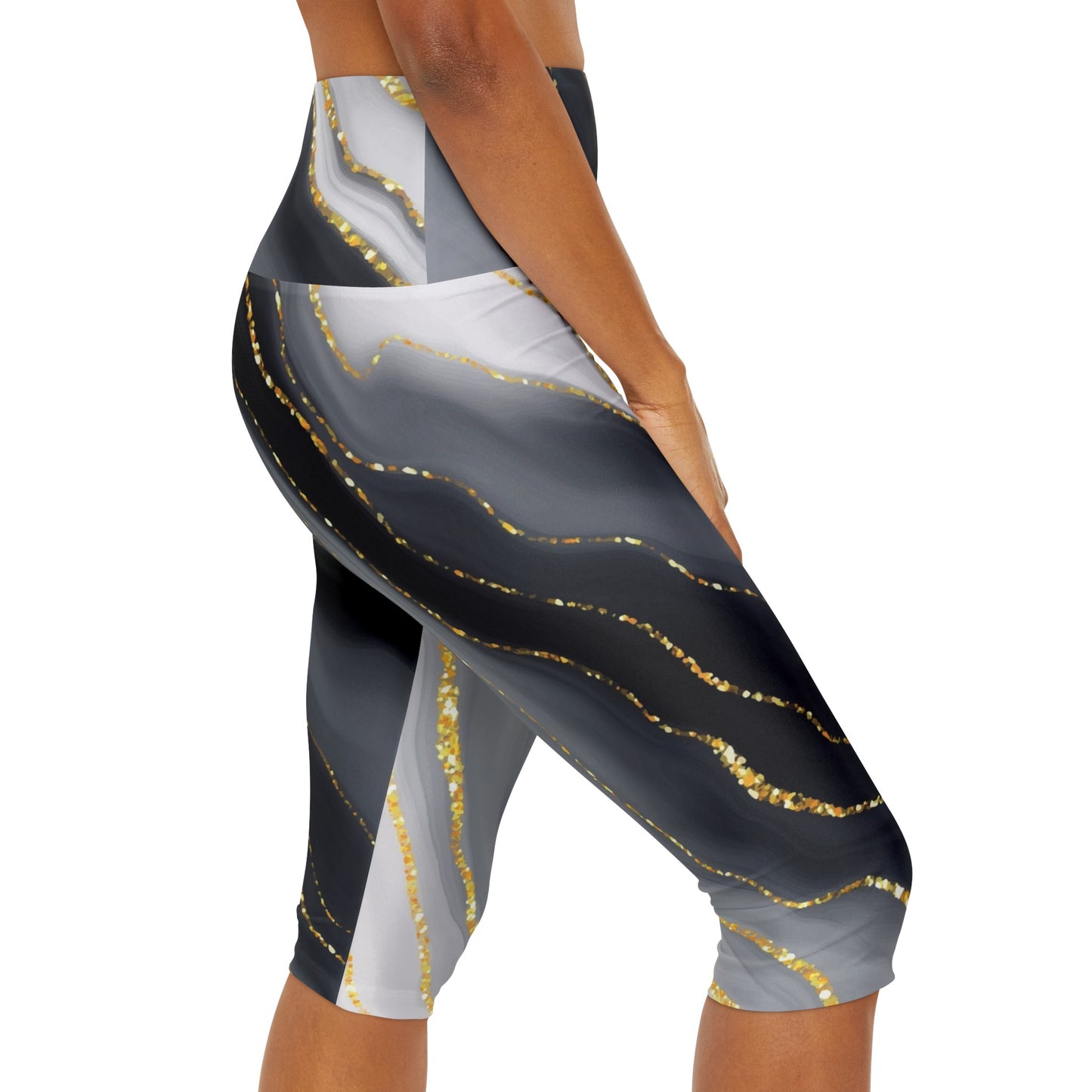 Black & Gold Marble Yoga Capri Leggings