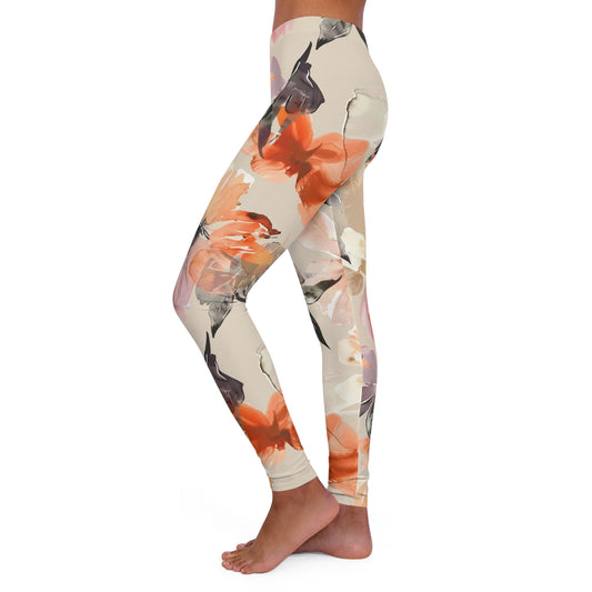 Orange Floral Women's Casual Spandex Leggings